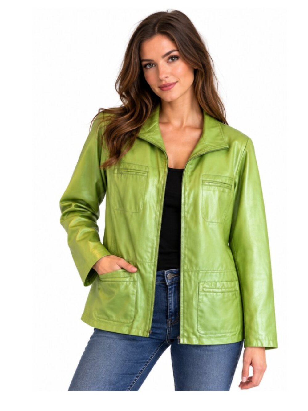 Vintage Danier Green Leather Jacket – Zip Front, 4 Pocket Design, Size Large – N